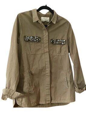 Zara Trafaluc Embellished Utility Jacket Olive Military Jeweled Pocket L